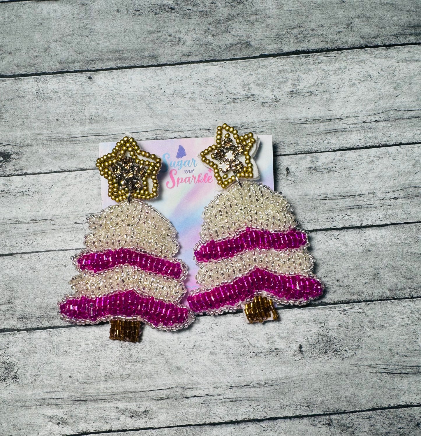 Beaded Pink Tree Dangly Earrings