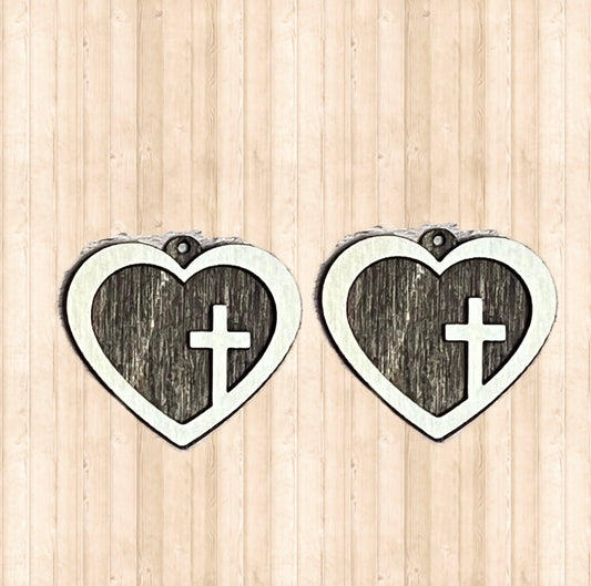 Two Layer Wood Heart with Cross Dangly