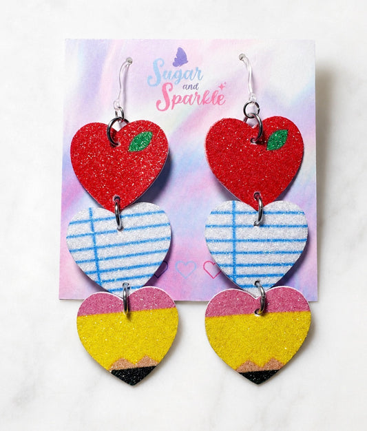 📚 Back to School Trio Heart Glitter Leather Earrings