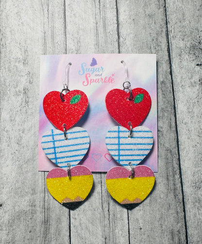 📚 Back to School Trio Heart Glitter Leather Earrings