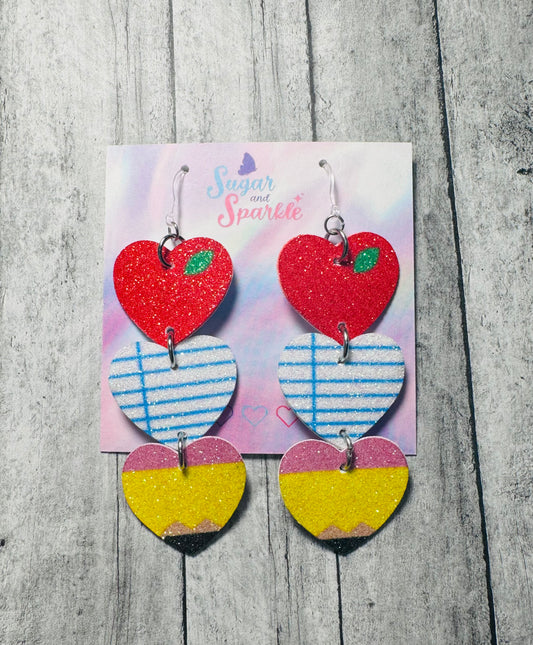 Triple School Heart Glitter Leather Earrings