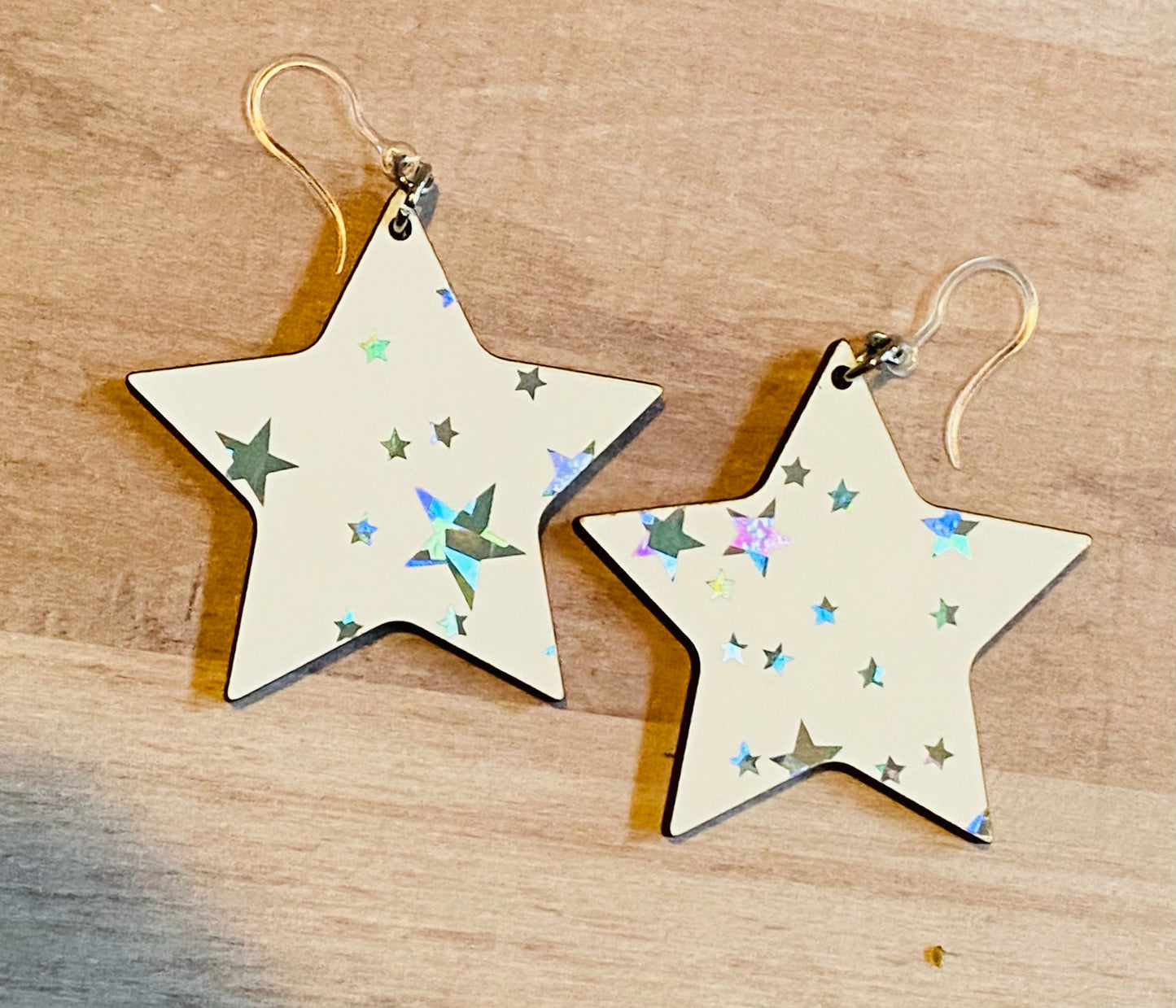 Wood Holographic Stars Dangly